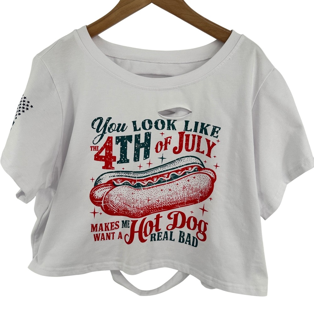 Distressed Y2K Cropped Tee Slashed Back Graphic 4th of July Indie Top Large - Picture 2 of 7